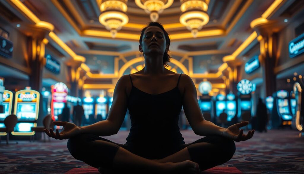 A serene and contemplative scene of a person practicing emotional management techniques, set against a backdrop of a bustling casino. In the foreground, a figure sits cross-legged, eyes closed, hands resting gently on their lap, exuding an air of focus and tranquility. The middle ground features the blurred lights and activity of a casino floor, with the faint sounds of slot machines and chatter. In the distance, a panoramic view of the casino's architecture, with its grand, ornate design elements bathed in a warm, golden lighting. The overall mood is one of balance, control, and the power of mindfulness amidst the excitement and potential chaos of high-stakes gambling.