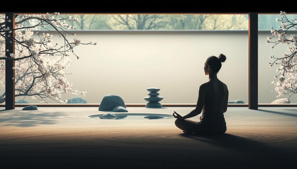 A serene and contemplative scene, set in a tranquil Japanese garden. In the foreground, a solitary figure sits in a meditative pose, their eyes closed, radiating an aura of focused concentration. The middle ground features a carefully raked Zen sand garden, with immaculately placed rocks and a small, still pond reflecting the natural surroundings. In the background, delicate cherry blossoms gently flutter in a soft breeze, infusing the scene with a sense of timeless wisdom and the beauty of nature. The lighting is soft and diffused, creating a warm, soothing atmosphere that invites the viewer to pause and reflect on the art of achieving mastery through mindfulness and discipline.