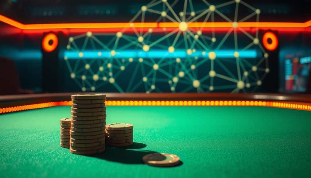 A serene and elegant game table with a green felt surface, illuminated by soft, warm lighting from above. Sleek, wooden casino chips in various denominations are stacked neatly, casting subtle shadows. In the background, a stylized web of interconnected nodes and links represents the complex network of SEO strategies, their intricate relationships visible through a hazy, ethereal glow. The overall scene conveys a sense of strategic depth, inviting the viewer to delve into the intricacies of optimizing online visibility for the captivating game of Baccarat.