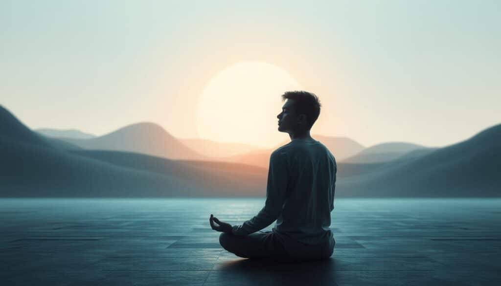 A serene and introspective scene showcasing the control and influence of the human psyche. In the foreground, a contemplative individual sits in a meditative pose, their eyes closed as they delve into the depths of their inner world. Soft, diffused lighting casts gentle shadows, creating a calming atmosphere. The middle ground features an abstract, dreamlike landscape, with fluid, organic shapes that symbolize the ebb and flow of emotional states. In the background, a minimalist, monochromatic environment provides a sense of balance and grounding, representing the importance of self-regulation and emotional intelligence. The overall composition conveys a sense of introspection, inner peace, and the power of the mind to shape our experiences.