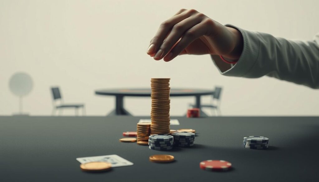 A serene and minimalist scene depicting the concept of financial management. In the foreground, a person's hands delicately balancing a stack of gold coins, conveying the importance of disciplined money handling. In the middle ground, a simplified depiction of a casino table with playing cards and gambling chips, hinting at the need for restraint in high-risk environments. The background features a calm, muted color palette, creating a contemplative atmosphere that emphasizes the thoughtful approach to resource allocation. Soft, diffused lighting illuminates the scene, highlighting the tranquility and focus required for effective financial management strategies.