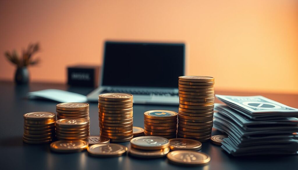 A serene and minimalist scene depicting the importance of financial management. In the foreground, stacks of gold coins and banknotes are arranged in a visually pleasing, geometric pattern, symbolizing the careful organization and control of one's finances. The middle ground features a sleek, modern desk with a laptop and documents, representing the tools and processes involved in effective money management. The background is a warm, soft-focus blur, creating a sense of focus and calm. Gentle, directional lighting casts subtle shadows, emphasizing the three-dimensional nature of the scene. The overall mood is one of confidence, prudence, and financial security.