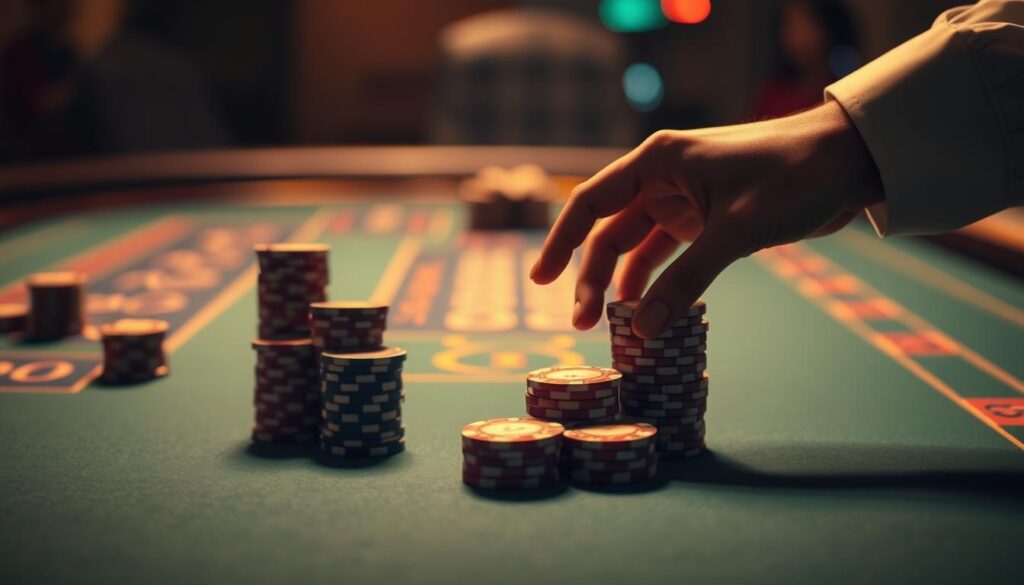 A serene and minimalist scene of a gaming table with stacks of casino chips, representing the importance of effective bankroll management in the game of Baccarat. The table is illuminated by a soft, warm lighting, creating a contemplative atmosphere. In the foreground, a pair of elegant hands carefully arranges the chips, symbolizing the strategic considerations involved in managing one's funds. The background is blurred, allowing the focus to remain on the table and the act of resource allocation. The overall composition conveys the significance of disciplined financial planning in the pursuit of Baccarat success.