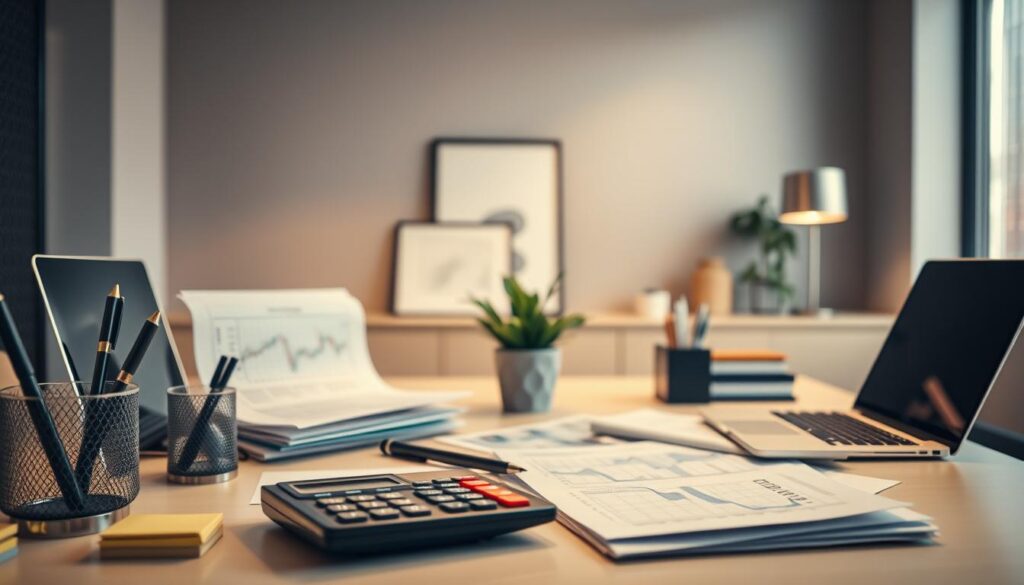 A serene and modern office setting, with a well-organized desk showcasing financial reports, a laptop, and a calculator. The lighting is warm and diffused, creating a focused, productive atmosphere. In the foreground, a carefully curated collection of finance-related objects, such as a pen holder, sticky notes, and a stylish desk organizer. The middle ground features a potted plant and a framed piece of minimalist art, adding a touch of sophistication. The background blurs softly, emphasizing the central desk and its contents. The overall composition conveys a sense of diligence, attention to detail, and a commitment to effective financial management practices.