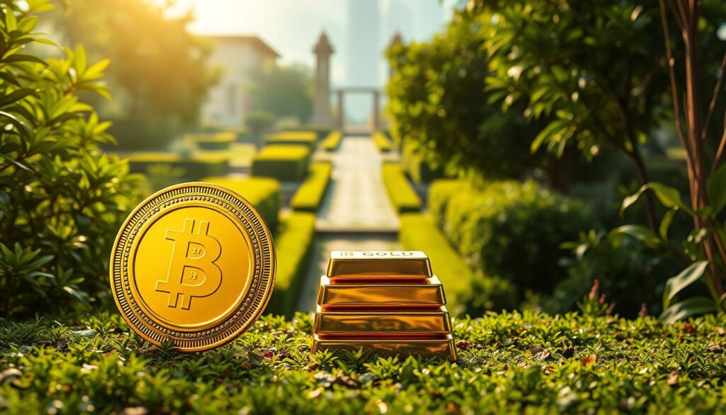 A serene and prosperous tableau showcasing "穩定收益". In the foreground, a gilded coin spins gracefully against a backdrop of lush, verdant greenery. The middle ground features a stack of gleaming gold bars, their surfaces reflecting the warm glow of a diffused light source. In the distance, a tranquil garden path winds through a meticulously manicured landscape, evoking a sense of tranquility and financial security. The image is captured through a wide-angle lens, bathed in a soft, natural light that casts gentle shadows and highlights the rich, tactile textures of the scene. The overall mood is one of stability, wealth, and the steady accumulation of prosperity.