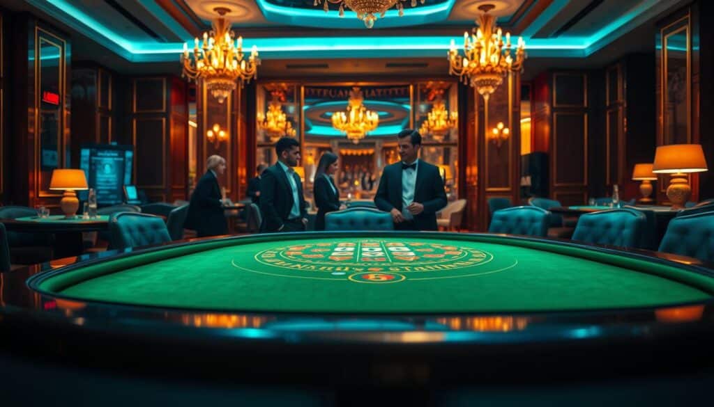 A serene and sophisticated gambling establishment, bathed in warm, ambient lighting. The foreground showcases an elegant baccarat table, its green felt surface inviting players to experience the thrill of the game. In the middle ground, smartly dressed patrons converse casually, their expressions reflecting the careful consideration they give to their wagers. The background reveals a luxurious interior, with plush furnishings, chandeliers, and a sense of refined exclusivity. The overall atmosphere conveys a balance of excitement and refinement, perfectly capturing the essence of the optimal baccarat gaming platform.