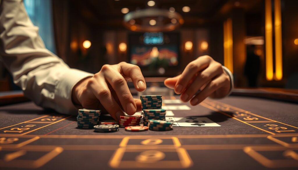 A serene and tranquil scene depicting the principles of risk management and financial control in the context of baccarat gameplay. In the foreground, a pair of skilled hands carefully manipulate casino chips, meticulously planning their next strategic move. The middle ground showcases an elegantly designed baccarat table, its felt surface a canvas for the intricate interplay of cards and calculations. In the background, a subtly-lit environment evokes a sense of focus and concentration, highlighting the importance of disciplined decision-making. Warm lighting creates a sense of warmth and thoughtfulness, while the overall composition conveys a harmonious balance between chance and control.