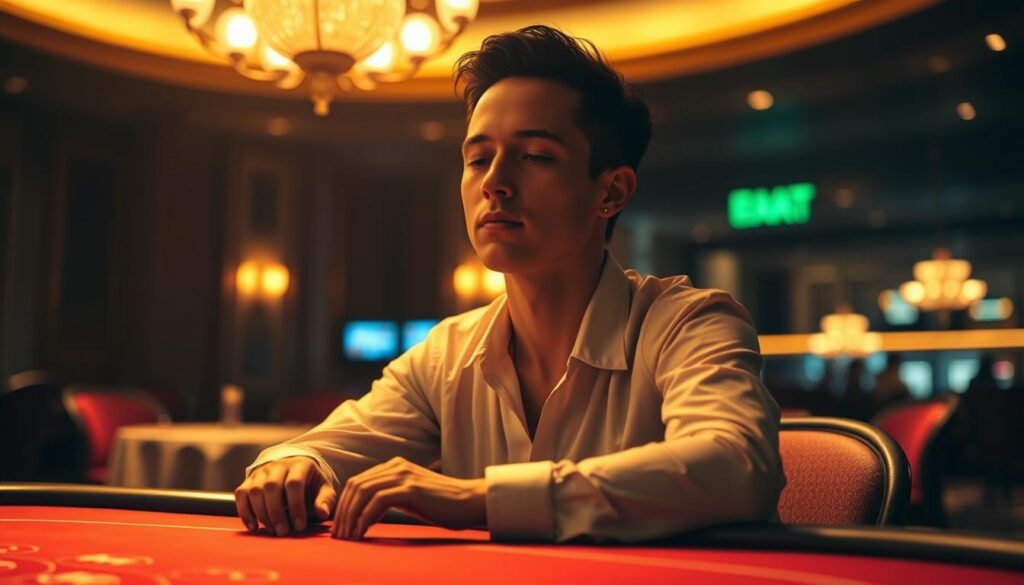 A serene and tranquil scene of a person engaged in deep, meditative reflection on the importance of mental discipline in the context of a Baccarat game. The subject is seated in a dimly lit, elegantly appointed casino interior, illuminated by warm, ambient lighting that casts a contemplative glow. The background is subtly blurred, drawing the viewer's focus to the central figure, whose expression conveys a sense of focused concentration and inner calm. Subtle details, such as the player's hands resting confidently on the gaming table, suggest a balanced and composed state of mind, essential for navigating the ebb and flow of the Baccarat game with poise and strategic acumen.