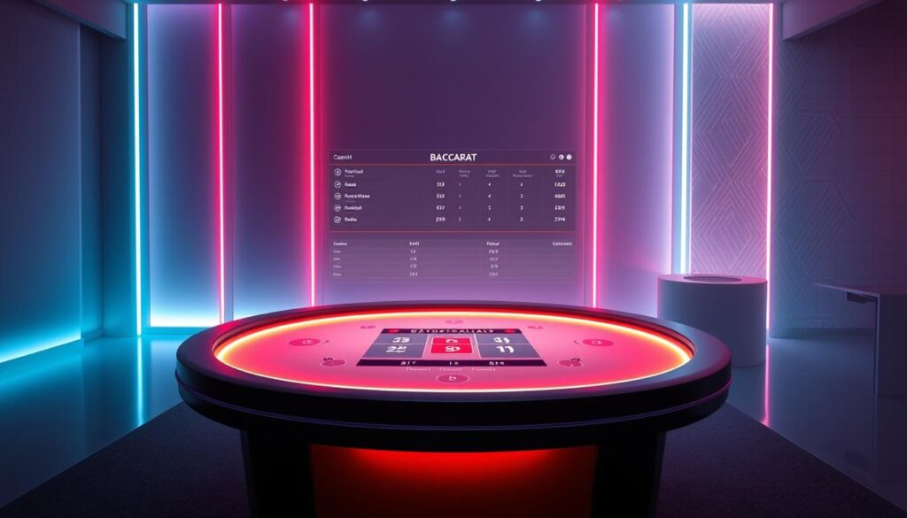 A serene and vibrant online platform for playing baccarat, with a sleek and modern interface. The foreground features a stylized baccarat table, illuminated by soft, diffused lighting that creates a warm and inviting atmosphere. The middle ground showcases a range of intuitive controls and statistics, allowing players to easily navigate the game. In the background, a clean and minimalist design with subtle gradients and geometric patterns, conveying a sense of sophistication and professionalism. The overall composition exudes a balanced and elegant vibe, reflecting the refined nature of the baccarat experience.