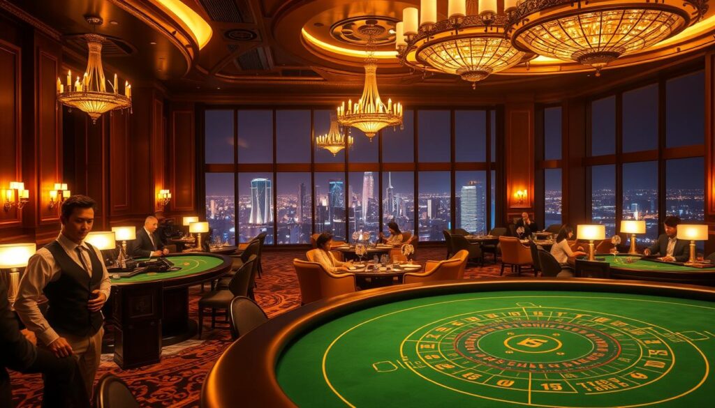 A serene casino interior bathed in warm, golden lighting. The foreground features a felt-covered baccarat table, its green surface reflecting the soft glow of candles and chandeliers. Dealers in crisp uniforms stand ready, their faces calm and professional. The middle ground showcases elegant wooden furnishings, ornate chandeliers, and plush seating areas where players sit engrossed in the game. In the background, floor-to-ceiling windows offer a glimpse of a vibrant city skyline, creating a sense of connection between the intimate casino space and the bustling urban landscape beyond. The overall atmosphere exudes a blend of sophistication, luxury, and the thrill of chance that defines the allure of online baccarat.