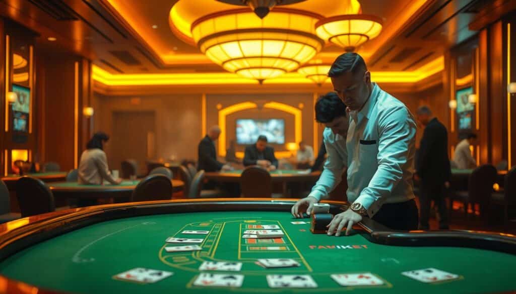 A serene casino interior, dimly lit with warm amber tones. In the foreground, a baccarat table takes center stage, its green felt surface glistening under the soft lighting. The dealer, dressed in a crisp white shirt, stands poised, ready to guide players through the intricate rules of the game. In the background, a sense of quiet concentration permeates the room, as seasoned gamblers meticulously study the cards, applying their strategic knowledge to navigate the complexities of baccarat. The scene conveys the essence of mastering the game's dynamics, where skill and understanding converge to unlock the path to consistent triumph.