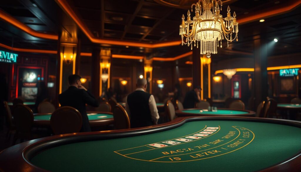 A serene casino interior, dimly lit with warm, inviting light. In the foreground, a green felt Baccarat table, its edges trimmed in polished wood, invites the player to take a seat. Overhead, a crystal chandelier casts a soft glow, creating an air of sophistication. In the middle ground, a group of attentive players, their expressions focused, as they carefully study the cards dealt. In the background, the faint silhouettes of other gaming tables and the occasional passerby, all contributing to the hushed, contemplative atmosphere of the establishment. The scene conveys a sense of strategy, calculated decision-making, and the allure of the Baccarat experience.