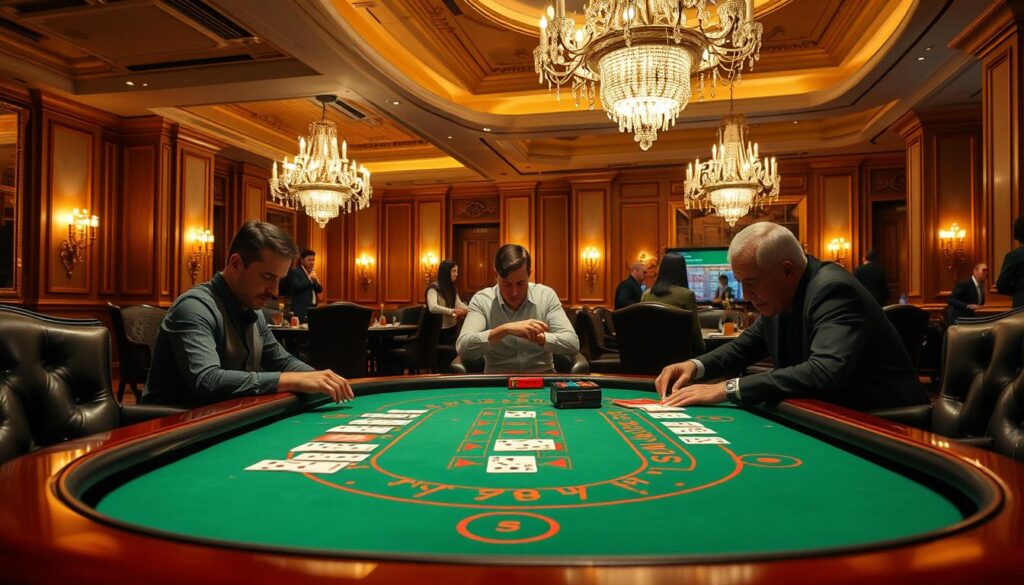 A serene casino interior with an elegantly lit baccarat table in the foreground. The table is adorned with a green baize surface and surrounded by plush leather chairs. In the middle ground, experienced players meticulously study the cards, their faces focused and determined. The background features a luxurious lounge with high ceilings, crystal chandeliers, and discreet service staff attending to the guests. Soft, warm lighting creates an atmosphere of sophistication and refinement, inviting the viewer to imagine the strategic application of baccarat techniques to achieve long-term profitability.