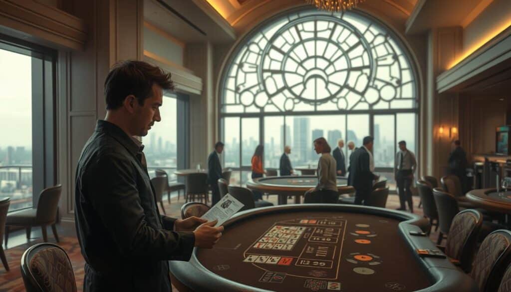 A serene casino lobby with muted lighting and soothing earth-toned decor. In the foreground, a responsible gambler carefully examines the rules and payouts of a blackjack table, conveying a sense of thoughtful consideration. In the middle ground, patrons move about calmly, engaged in low-stakes play with an air of leisure and control. The background features a large, ornate window overlooking a picturesque city skyline, suggesting a safe, regulated environment. The overall mood is one of responsible enjoyment, with an emphasis on the importance of understanding the game and managing one's risks.