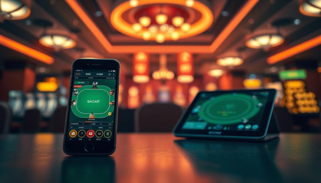 A serene casino setting, bathed in warm, inviting lighting. In the foreground, a high-resolution, detailed depiction of a smartphone displaying an online baccarat game interface, showcasing its sleek, intuitive design. The middle ground features a laptop and tablet, symbolizing the convenience and accessibility of playing baccarat remotely. In the background, a blurred, atmospheric view of a traditional casino, hinting at the advantages of online play over the physical experience. The overall composition conveys the seamless integration of technology and gaming, capturing the essence of the "Advantages of Online Baccarat" for Taiwanese players.