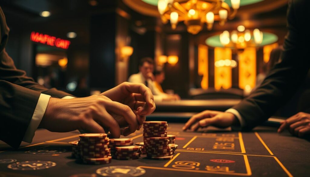 A serene casino setting, dimly lit with warm, golden lighting. In the foreground, a person's hands carefully count out stacks of casino chips, meticulously managing their bankroll. The middle ground features a gaming table with subtle patterns, hinting at the game of Baccarat. In the background, glimpses of other players engaged in the game, creating an atmosphere of strategic decision-making and calculated risk. The scene conveys a sense of focus, discipline, and the art of responsible gambling, perfectly illustrating the "Resource Management Techniques" section of the article.