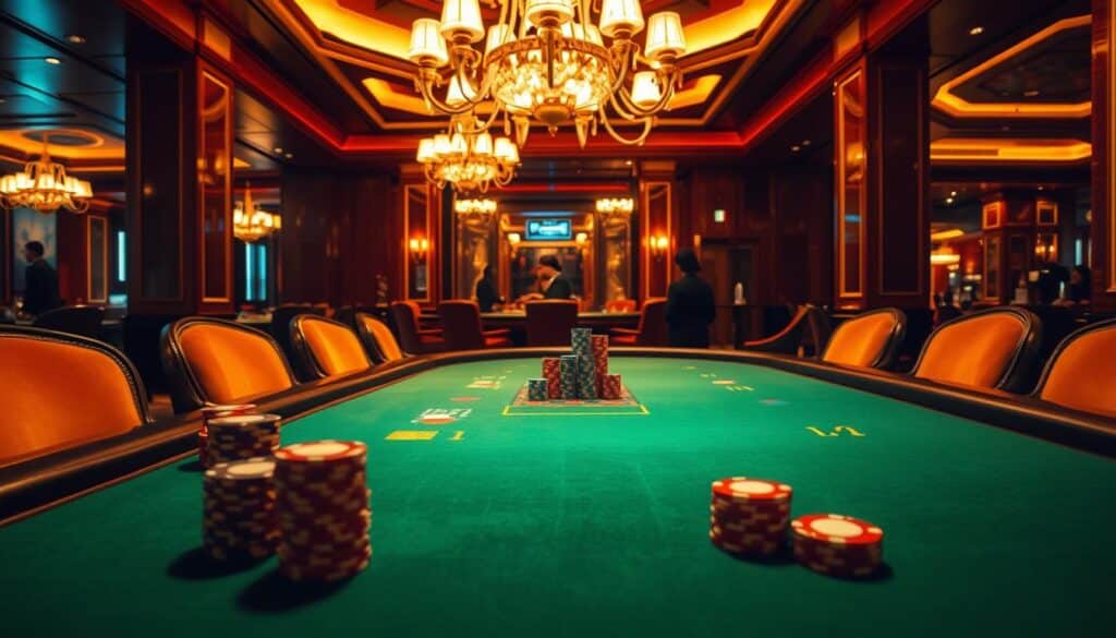 A serene casino table bathed in warm, golden light, the green felt surface glistening under the chandelier's radiance. Sleek wooden accents and plush velvet chairs create an air of sophistication. Stacks of colorful chips sit ready, waiting to be wagered on the outcome of the Baccarat game. In the distance, the faint murmur of conversation and the gentle clinking of glasses add to the palpable anticipation. The camera's angle captures the table's edge, inviting the viewer to imagine themselves poised to make their next move, absorbed in the ebb and flow of the latest Baccarat trends.