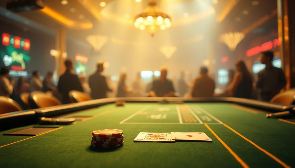 A serene casino table, bathed in warm, golden light, with a stack of casino chips and a single playing card placed neatly on the green felt surface. The foreground is in sharp focus, drawing the viewer's attention to the tactile and sensory experience of the casino game. In the middle ground, a blurred crowd of players and spectators, creating a sense of atmosphere and energy. The background fades into a hazy, dreamlike ambiance, evoking the allure and mystery of the casino environment. The overall composition conveys a balance of excitement, risk, and the quiet contemplation of strategic gameplay.