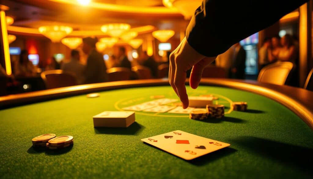 A serene casino table bathed in warm, golden lighting. In the foreground, a hand carefully places a bet, conveying the thoughtful, disciplined approach of an experienced baccarat player. The middle ground features the elegant green felt of the table, with a deck of cards and casino chips arranged in a visually pleasing composition. In the background, a blurred crowd of onlookers, suggesting the bustling energy of the casino environment. The overall atmosphere is one of focus, control, and the importance of emotional regulation in the face of the game's allure and unpredictability.