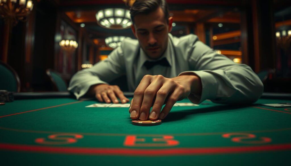 A serene casino table, softly lit from above, with a green felt surface. A lone hand, steady and focused, places a chip cautiously on the betting area. The player's face is calm, expression neutral, eyes intent on the cards being dealt. The surrounding environment is muted, with subtle details like the ornate casino decor fading into the background, allowing the central figure to take center stage. A sense of poise and discipline pervades the scene, exemplifying the art of maintaining composure in the heat of a high-stakes Baccarat game.