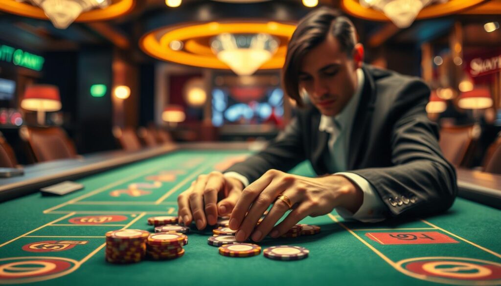 A serene casino table with a green felt surface, lit by warm overhead lighting, capturing the sophisticated ambiance of a high-stakes baccarat game. In the foreground, a skilled player's hands carefully arranging their chips, their expression focused, revealing their mastery of strategies and techniques to maintain a consistent winning edge. The background blurs softly, emphasizing the player's concentration as they navigate the nuances of the game, seeking to optimize their chances of victory through disciplined play and calculated decision-making.