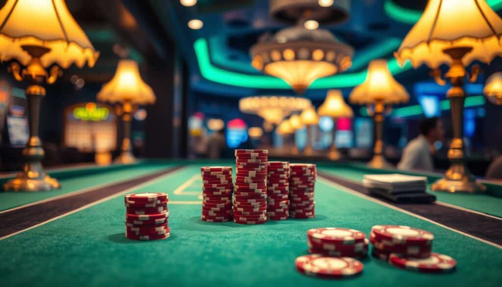 A serene casino table with a green felt surface, surrounded by the warm glow of elegant table lamps. On the table, betting chips in various denominations are neatly stacked, symbolizing the strategic allocation of resources. In the background, a blurred view of the casino floor adds to the atmospheric ambiance. The overall composition conveys the importance of disciplined bankroll management, essential for long-term success in the thrilling game of Baccarat.