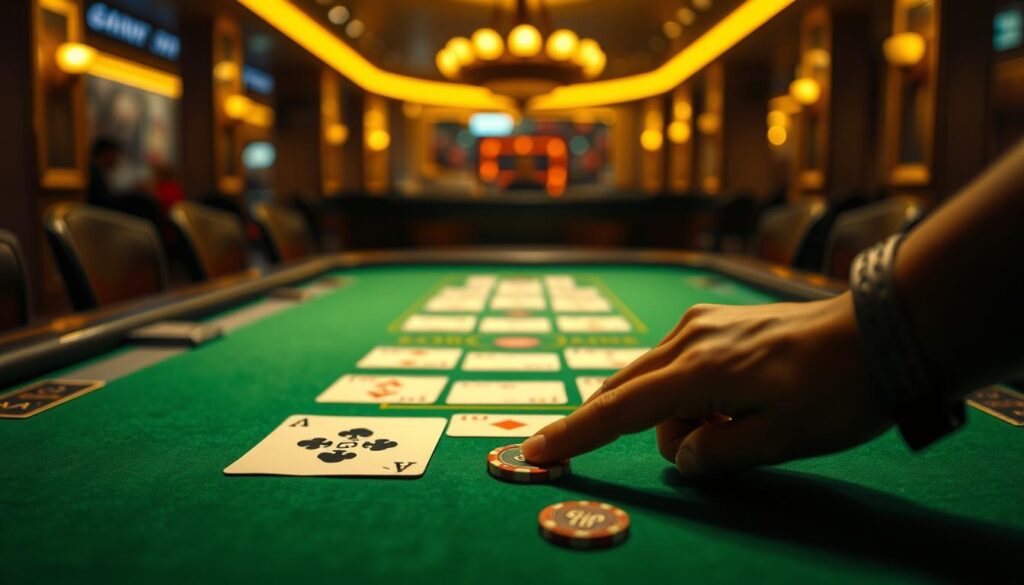 A serene casino table with a green felt surface, the iconic baccarat cards neatly arranged in the center. Overhead, a soft, warm lighting casts a golden glow, creating an atmosphere of concentration and calculated risk. In the foreground, a hand carefully places a chip, representing the strategic placement of bets. The background is blurred, focusing the viewer's attention on the precise mechanics of this time-honored game of chance. The scene exudes an air of calculated confidence, hinting at the stable winning techniques mastered by seasoned players.