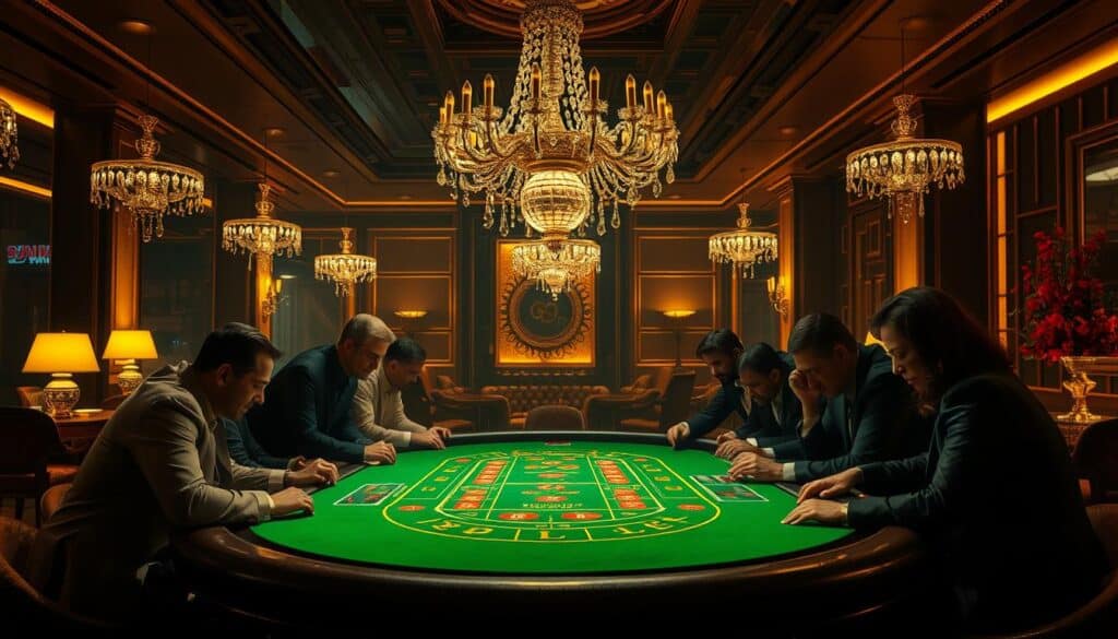 A serene, dimly lit casino interior bathed in warm, golden light. At the center, a baize-covered baccarat table, its green felt surface pristine and inviting. Elegant crystal chandeliers cast a soft, ambient glow, their facets refracting light throughout the space. Around the table, well-dressed players lean in, faces intense with concentration, as they strategize their next move. The atmosphere is one of calculated risk and cautious precision, reflecting the careful risk management required in this classic casino game. In the background, opulent furnishings and decorative accents suggest an atmosphere of refined luxury, heightening the stakes and the sense of high-stakes gameplay.