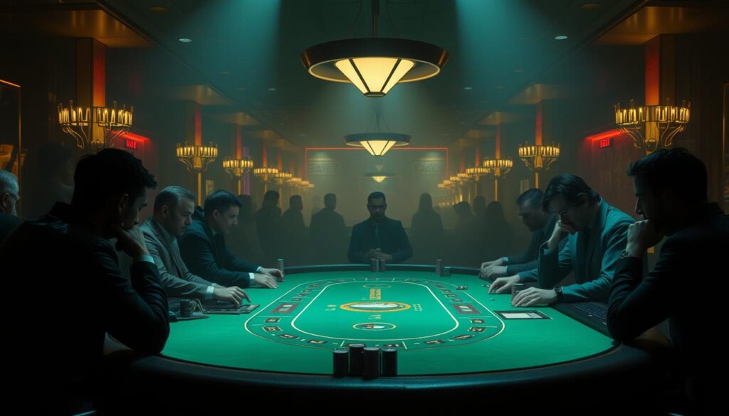 A serene, dimly lit casino interior with a baccarat table as the central focus. The table is surrounded by players deep in thought, their faces illuminated by the soft glow of the green felt and the subtle lighting above. In the background, a hazy atmosphere creates a sense of mystery and tension, as if the players' psychological states are palpable. The scene conveys the intense concentration and decision-making process involved in the game, where the players' mindsets and emotions play a crucial role in their outcomes.