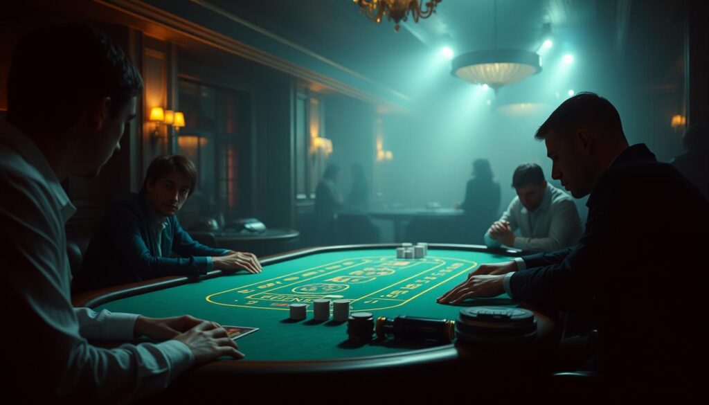 A serene, dimly lit casino interior with a baccarat table at the center. Soft, warm lighting casts shadows on the players' concentrated faces, highlighting their intense focus. The table's green felt surface reflects the players' emotions, mirroring their composure or tension. In the background, a hazy atmosphere of muted colors and subtle details create a sense of immersion, drawing the viewer into the psychological experience of the game. The overall mood is one of strategic contemplation, where the players' ability to manage their emotions is paramount to their success.