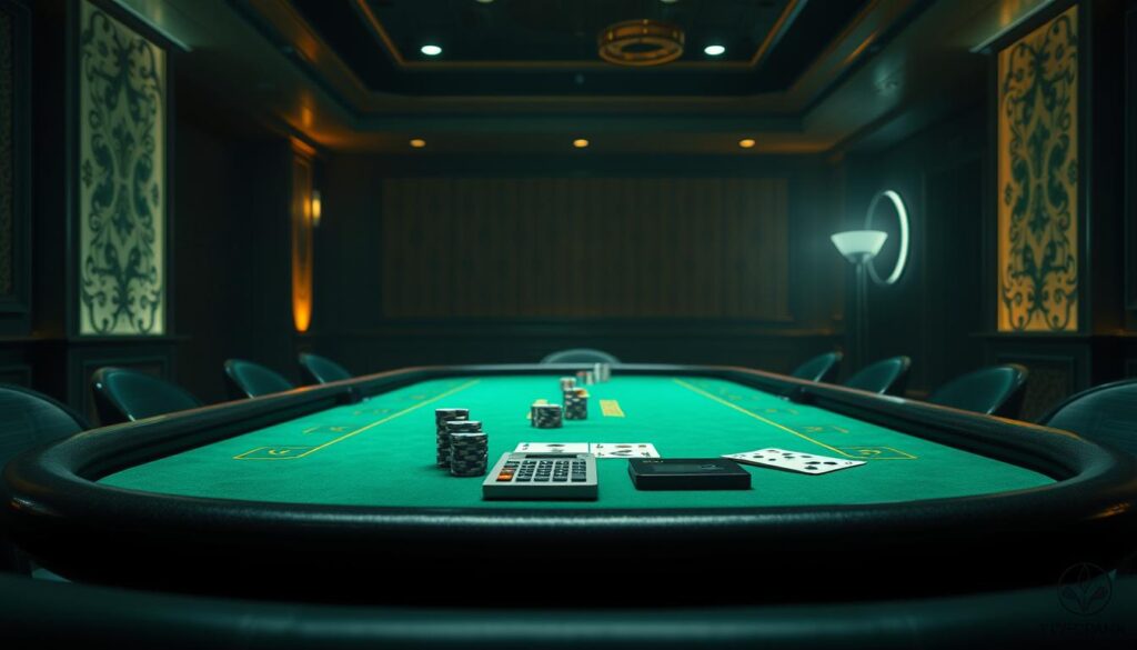 A serene, dimly lit casino interior, with a large green baize-covered table in the center. On the table, poker chips, playing cards, and a calculator are arranged neatly, hinting at the strategic calculations involved in maximizing baccarat win rates. The lighting is soft and warm, creating a contemplative atmosphere. In the background, subtle patterns and textures on the walls and floor suggest an air of exclusivity and sophistication. The overall scene conveys a sense of focus, precision, and the pursuit of gaming mastery.