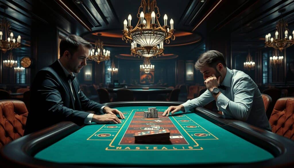 A serene, dimly lit casino interior with a prominent baccarat table at the center. Plush velvet upholstery, ornate chandeliers, and a muted color palette evoke a sense of sophistication. The dealer's calm, focused expression contrasts with the intense concentration of the player, their hands poised over the table, carefully considering their next move. The background is softly blurred, drawing the viewer's attention to the central drama unfolding on the green felt surface. Dramatic shadows and highlights create a sense of depth and drama, while the overall atmosphere is one of quiet contemplation and strategic thinking.