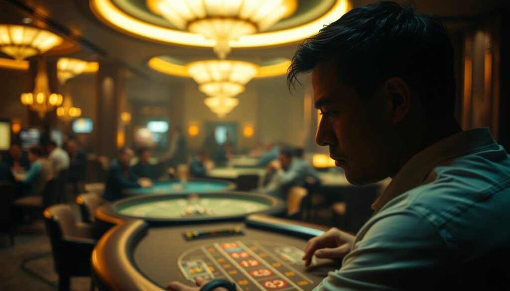 A serene, dimly lit casino interior. In the foreground, a focused gambler intently studies the baccarat table, expression pensive as they contemplate their next move. The middle ground features a subtly lit backdrop of gaming tables, each surrounded by players deep in concentration. The background is softly blurred, hinting at the hushed atmosphere of the establishment. Warm, golden tones create an air of contemplation, while strategic camera angles and depth of field emphasize the individual's psychological experience within the larger gambling environment.