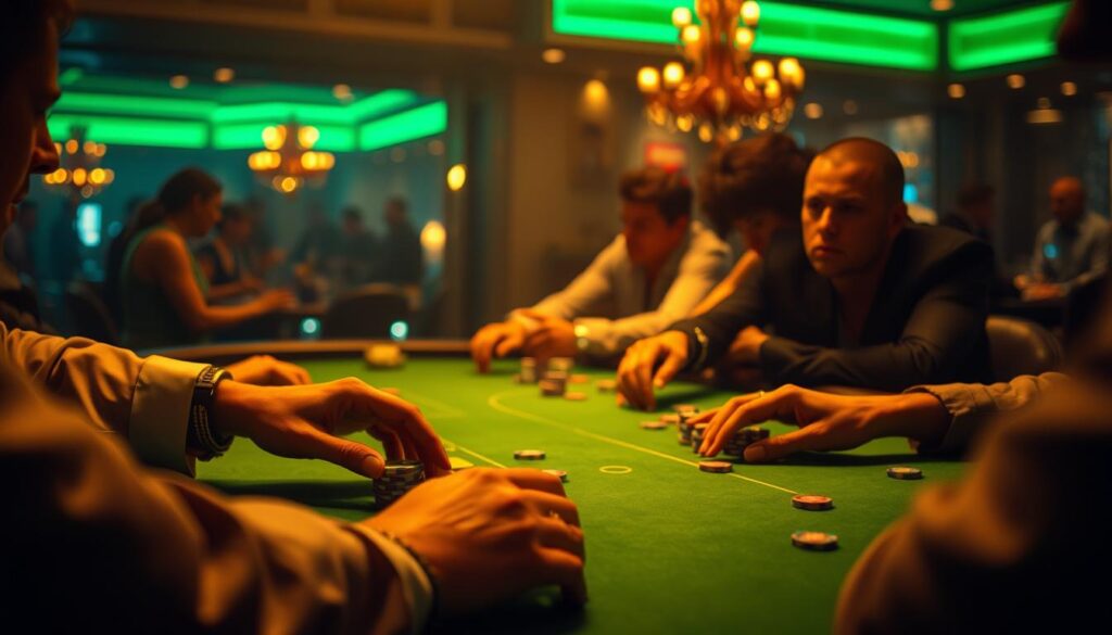 A serene, dimly lit casino table, the green felt surface softly illuminated by warm, subtle lighting. Hands cautiously arrange chips, faces etched with intense focus as players navigate the delicate balance of emotion and strategy. The air is heavy with anticipation, each decision weighted with the thrill of potential victory. In the background, the faint murmur of conversation and the gentle clink of glasses create a sense of immersion, transporting the viewer to the heart of the casino experience. Capturing the essence of emotional control, this image conveys the mastery required to excel in the high-stakes world of baccarat.