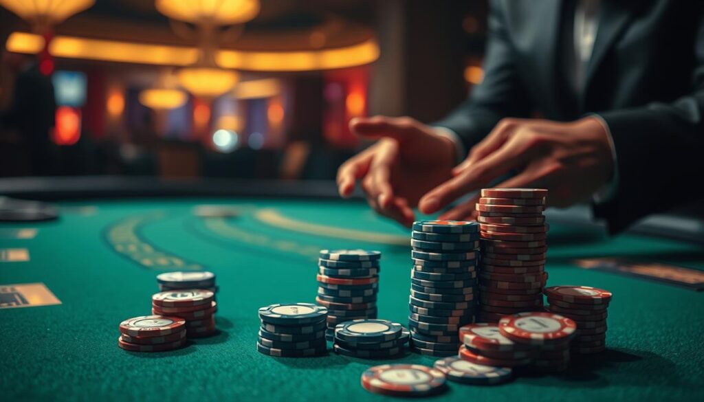 A serene, dimly lit casino table with a green felt surface. In the foreground, gambling chips of various denominations are neatly stacked, representing a carefully managed bankroll. The middle ground shows a pair of hands meticulously counting and reorganizing the chips, conveying a thoughtful, disciplined approach to bankroll management. In the background, the subtle glow of casino lighting casts a warm, contemplative atmosphere, emphasizing the importance of strategic resource allocation when playing baccarat.