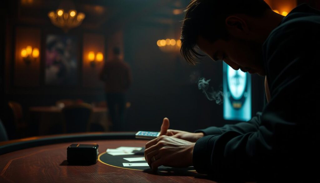 A serene, dimly lit interior setting with a player immersed in a game of baccarat on a wooden table. Soft, warm lighting creates a cozy, intimate ambiance, while a subtle hint of smoke and the faint sound of shuffling cards add to the atmosphere. The player's face is partially obscured, capturing the thoughtful, concentrated expression of someone deeply engaged in the game. The background is blurred, allowing the focus to remain on the player's experience and the tactile nature of the gameplay.