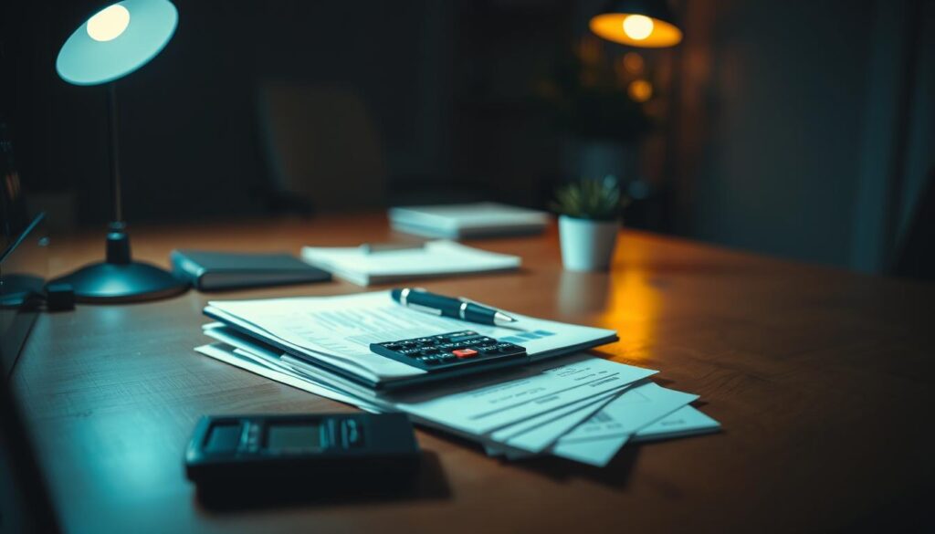 A serene, dimly lit office setting with a wooden desk, a reading lamp, and a potted plant. On the desk, a stack of neatly organized financial documents, a calculator, and a stylish pen resting atop them. The background is softly blurred, emphasizing the focus on the desk and its contents. Warm, muted tones create a sense of professionalism and calm, inviting the viewer to consider the best practices of financial management. The scene is captured with a shallow depth of field, using a medium-wide lens to provide a sense of depth and perspective.
