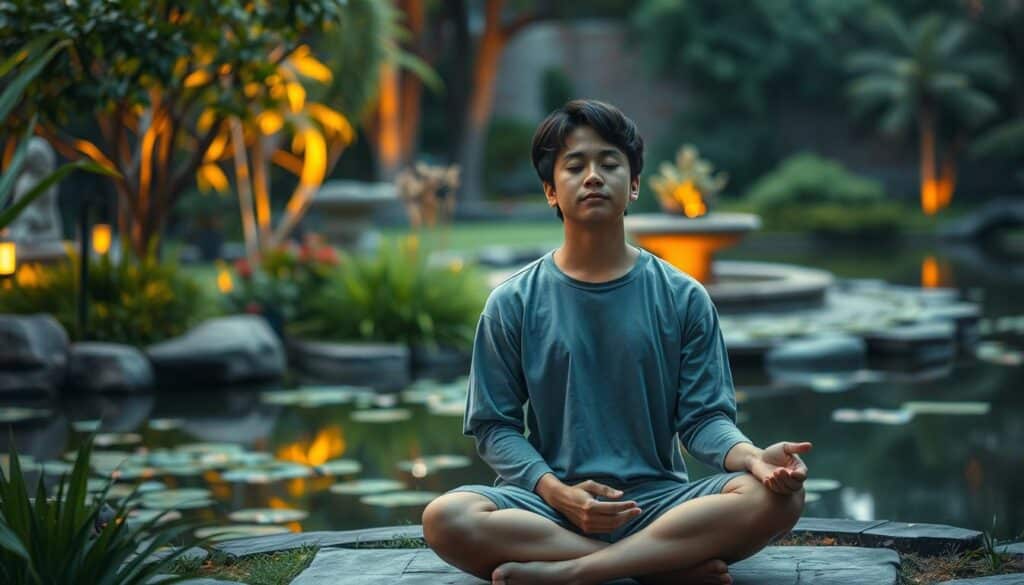A serene garden setting, with a tranquil pond and lush greenery in the background. In the foreground, a person sits cross-legged, eyes closed, with a peaceful expression on their face, showcasing emotional control and inner balance. Soft, warm lighting illuminates the scene, creating a calming and contemplative atmosphere. The person's posture and demeanor convey a sense of mindfulness and emotional stability, reflecting the principles of "情緒控制" in the context of the article's subject.