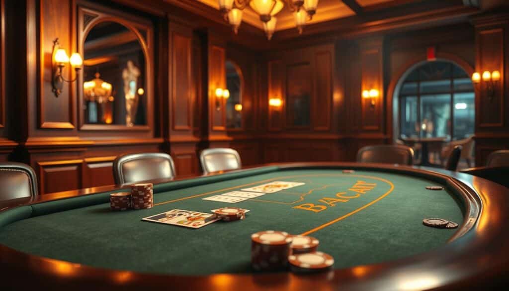 A serene, high-resolution image of a casino table showcasing the classic game of Baccarat. The table is illuminated by warm, natural lighting, casting a cozy, inviting atmosphere. Elegant wooden accents and plush green felt convey an air of sophistication. Cards, chips, and the iconic Baccarat banker and player symbols are prominently displayed, inviting the viewer to explore the intricacies of this time-honored game. The composition emphasizes the simplicity and timelessness of Baccarat, capturing its essence as a beloved casino pastime.