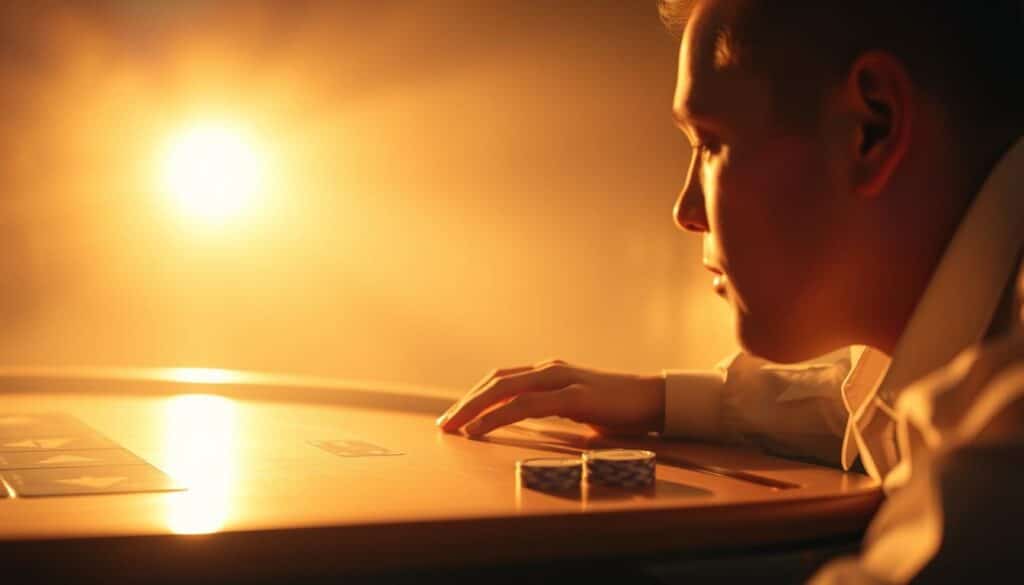 A serene, meditative scene of a person in deep concentration, carefully regulating their emotional state while engaged in a game of baccarat. A warm, golden light illuminates the table, creating an atmosphere of calm focus. The player's face is reflected in the polished wood, revealing an expression of disciplined control. The background fades into a dreamlike, atmospheric haze, free of distractions, allowing the viewer to fully immerse themselves in the tranquil moment. Crisp, high-resolution details capture the nuanced textures of the materials, from the player's composed posture to the subtle gleam of the casino chips. The overall composition emphasizes the importance of emotional mastery in achieving success at the baccarat table.