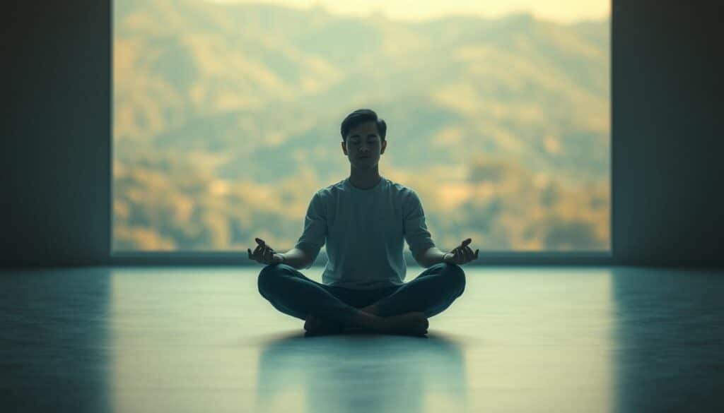 A serene, minimalist composition showcasing the art of emotional control. In the foreground, a person sits cross-legged, eyes closed, hands resting peacefully in their lap. Soft, warm lighting from an unseen source bathes the scene, creating a sense of tranquility. The middle ground features a simple, uncluttered space, with clean lines and muted colors, free from distractions. In the background, a blurred, natural landscape suggests a connection to the natural world, evoking a feeling of grounding and inner peace. The overall atmosphere conveys a sense of focused, centered calm, embodying the essence of the "情緒控制の方法" concept.