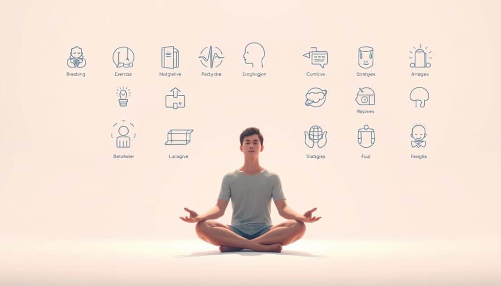 A serene, minimalist illustration of emotional control and psychological strategies. In the foreground, a person sits in a meditative pose, their expression calm and focused. Soft, diffused lighting bathes the scene, creating a sense of tranquility. The middle ground features stylized icons and symbols representing various mental and emotional techniques, such as breathing exercises, cognitive-behavioral strategies, and mindfulness practices. The background is a clean, abstract space, emphasizing the inward journey of self-regulation. The overall composition conveys a sense of balance, resilience, and the power of the mind to navigate life's challenges.