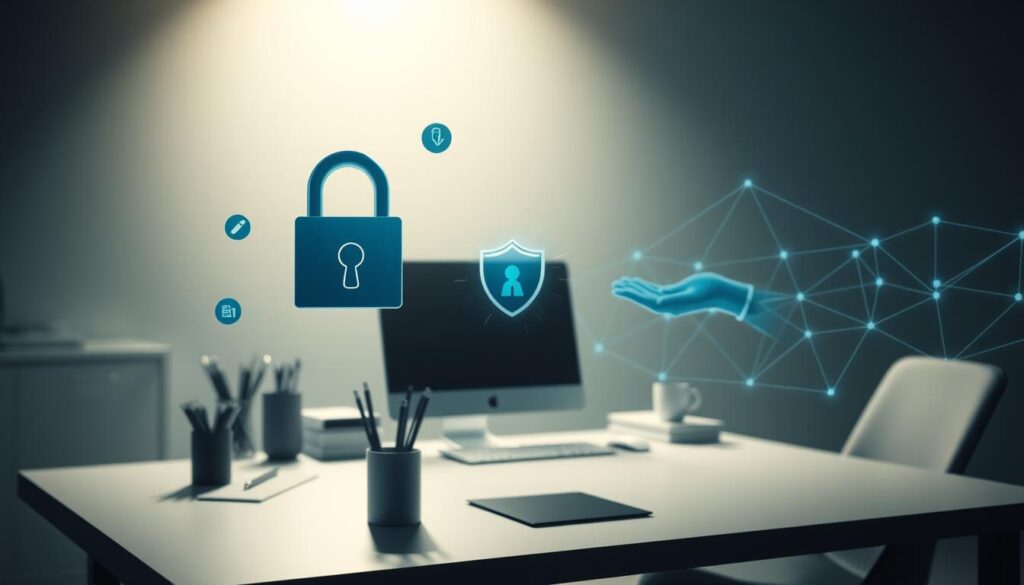 A serene, minimalist office setting with a desk, computer, and office supplies. The lighting is soft and diffused, creating a calming atmosphere. In the foreground, a secure lock icon and data security symbols float above the desk, symbolizing the importance of personal data protection. The middle ground features a digital shield icon and a hand reaching out to safeguard private information. The background subtly depicts a network of interconnected lines, representing the digital landscape where privacy must be maintained. The overall composition conveys a sense of security, trust, and the responsible handling of sensitive personal data.