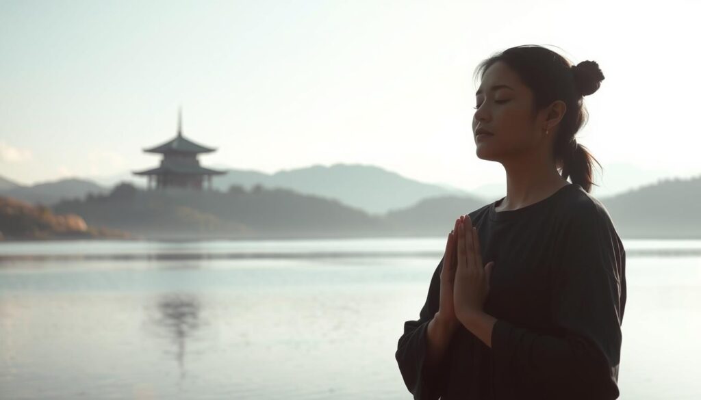 A serene, minimalist scene depicting emotional management. In the foreground, a person practices deep breathing, their face calm and focused. The middle ground features a tranquil landscape - rolling hills, a still lake, and a cloudless sky bathed in soft, natural lighting. In the background, a traditional Japanese temple symbolizes the spiritual and philosophical aspects of emotional regulation. The overall mood is one of zen-like tranquility, inviting the viewer to find their own inner peace and balance.