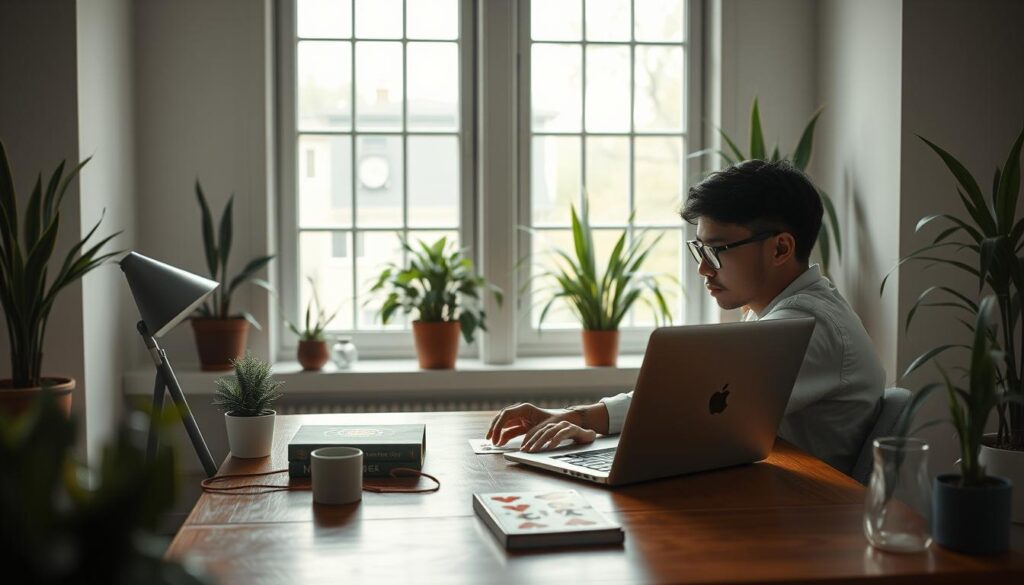 A serene, minimalist study area with a wooden desk, a calm, bespectacled individual deeply focused on a game of Baccarat on a laptop, surrounded by potted plants and natural light filtering through large windows. The atmosphere exudes contemplation and strategic thinking, conveying the psychology of maintaining composure and concentration in online Baccarat gameplay. Soft, diffused lighting creates a tranquil mood, while the clean, uncluttered setting emphasizes the importance of mindfulness and discipline in successful Baccarat strategies.