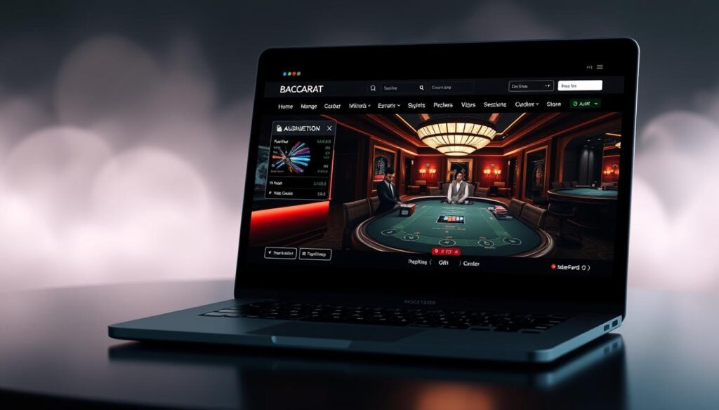 A serene, modern interface showcasing a sophisticated online baccarat platform. In the foreground, a sleek, responsive web design with clean lines, intuitive controls, and a user-friendly experience. The middle ground features a high-definition live video feed of a baccarat table, complete with professional dealers and a lively, immersive atmosphere. The background gently blurs into a soft, subtle gradient, evoking a sense of elegance and exclusivity. Soft lighting accentuates the polished, elegant aesthetic, creating a visually striking and inviting online gaming environment.