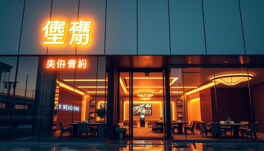 A serene, modern online casino with a sleek, minimalist design. The exterior features a gleaming glass facade, with a subtle neon sign illuminating the words "安全娛樂城". The entrance is framed by clean, angular architecture, conveying a sense of sophistication and security. The interior is bathed in warm, soft lighting, creating a comfortable and inviting atmosphere. Plush seating and discreet gaming tables are arranged in a well-organized layout, suggesting an emphasis on user experience and responsible gaming. The overall aesthetic evokes a sense of trust, reliability, and a premium online entertainment destination.