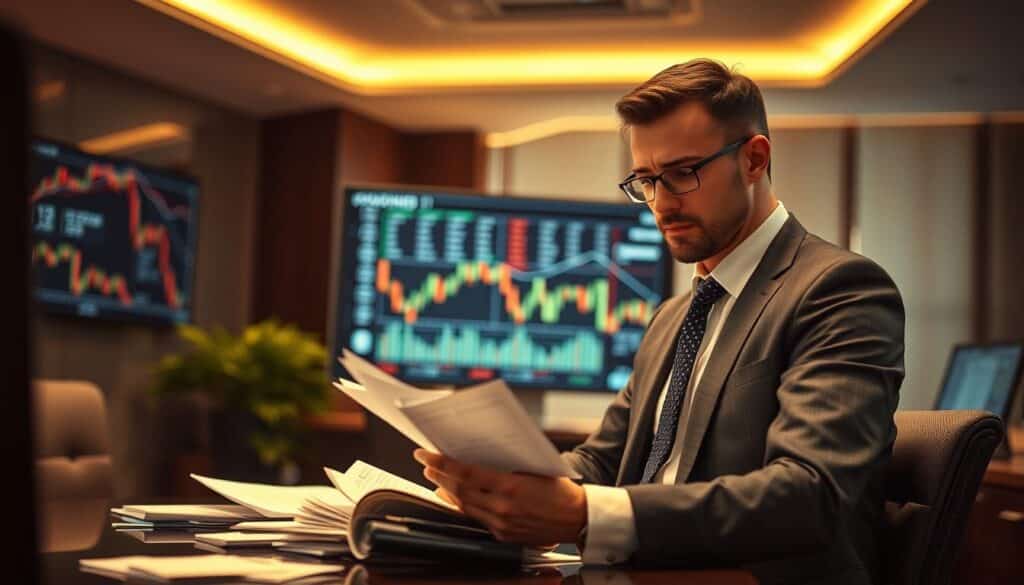 A serene office setting with a businessman carefully managing financial documents and a ledger, exuding a focused, disciplined demeanor. In the background, a display screen showcases stock market charts and financial analytics, creating a atmosphere of prudent investment. Warm, directional lighting highlights the subject's pensive expression, conveying the importance of a measured, thoughtful approach to bankroll management and betting mentality in the challenging world of baccarat.