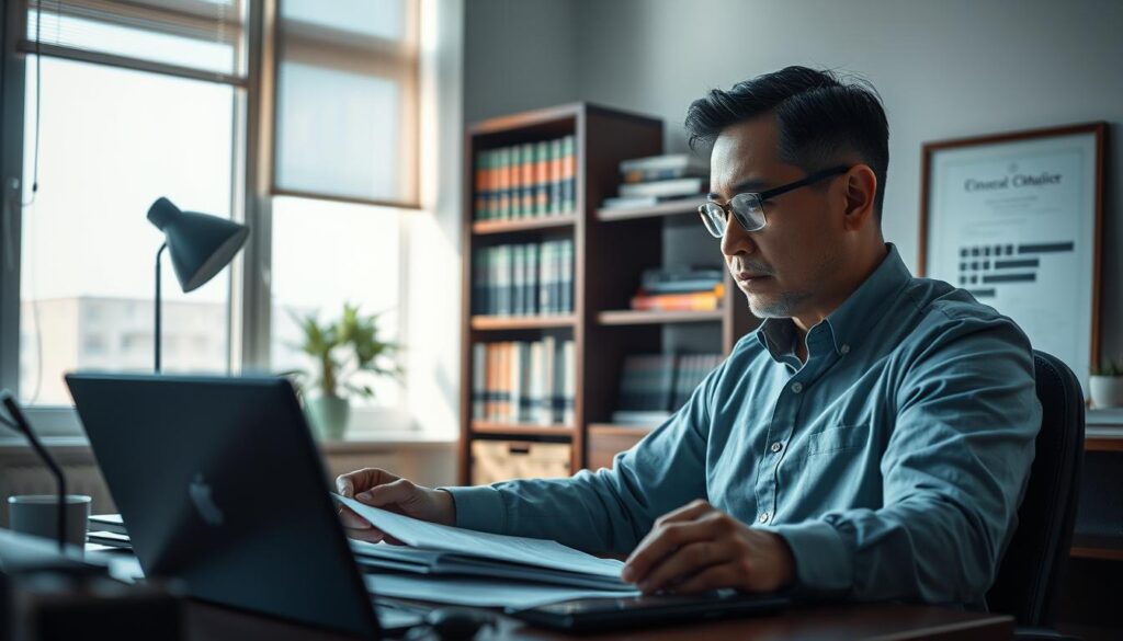 A serene office setting with a contemplative businessman sitting at a desk, immersed in financial documents and charts. Soft, natural lighting filters through large windows, creating a calming atmosphere. The man's expression conveys a sense of focus and determination, as he navigates the complexities of managing his investments. Behind him, a bookshelf filled with financial tomes and a framed certificate hint at his expertise. The overall scene captures the essence of "心態調整與穩定獲利的關鍵" - the key to maintaining a stable mindset and generating consistent profits.