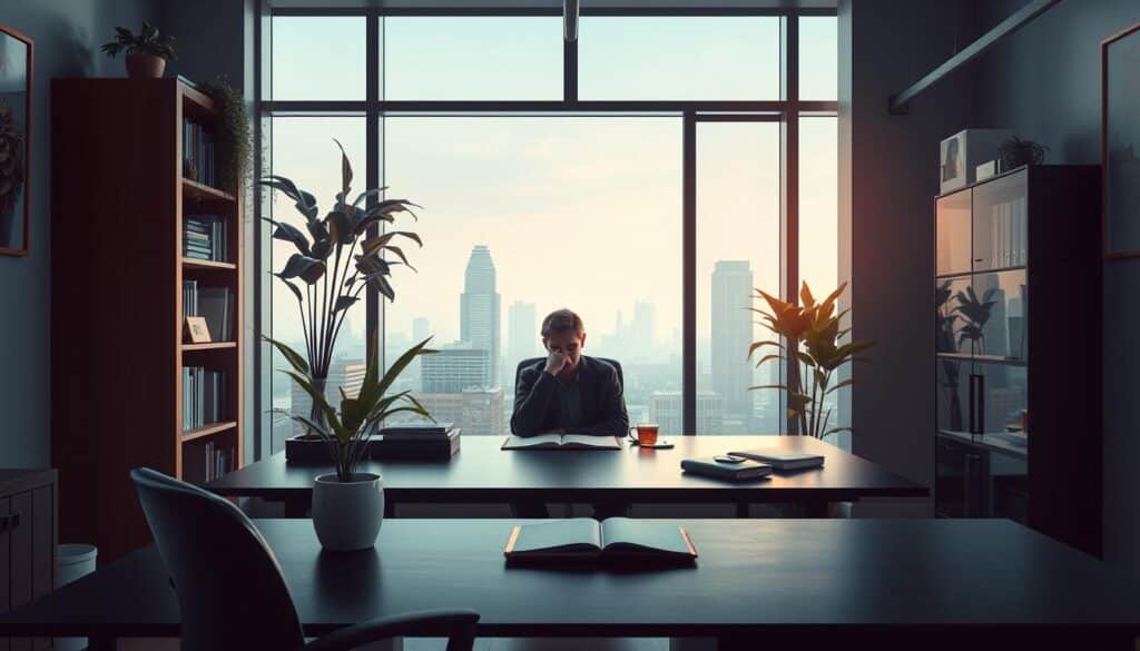A serene office setting, with a desk, chair, and bookshelf in the foreground. The desk is adorned with a potted plant, a notebook, and a cup of tea, conveying a sense of mindfulness and calm. In the middle ground, a person sits at the desk, their expression thoughtful and focused, symbolizing the importance of emotional management. The background features a large window overlooking a tranquil cityscape, with soft, natural lighting filtering in, creating a soothing atmosphere. The scene exudes a sense of balance, introspection, and the power of mindful practices to navigate life's challenges.